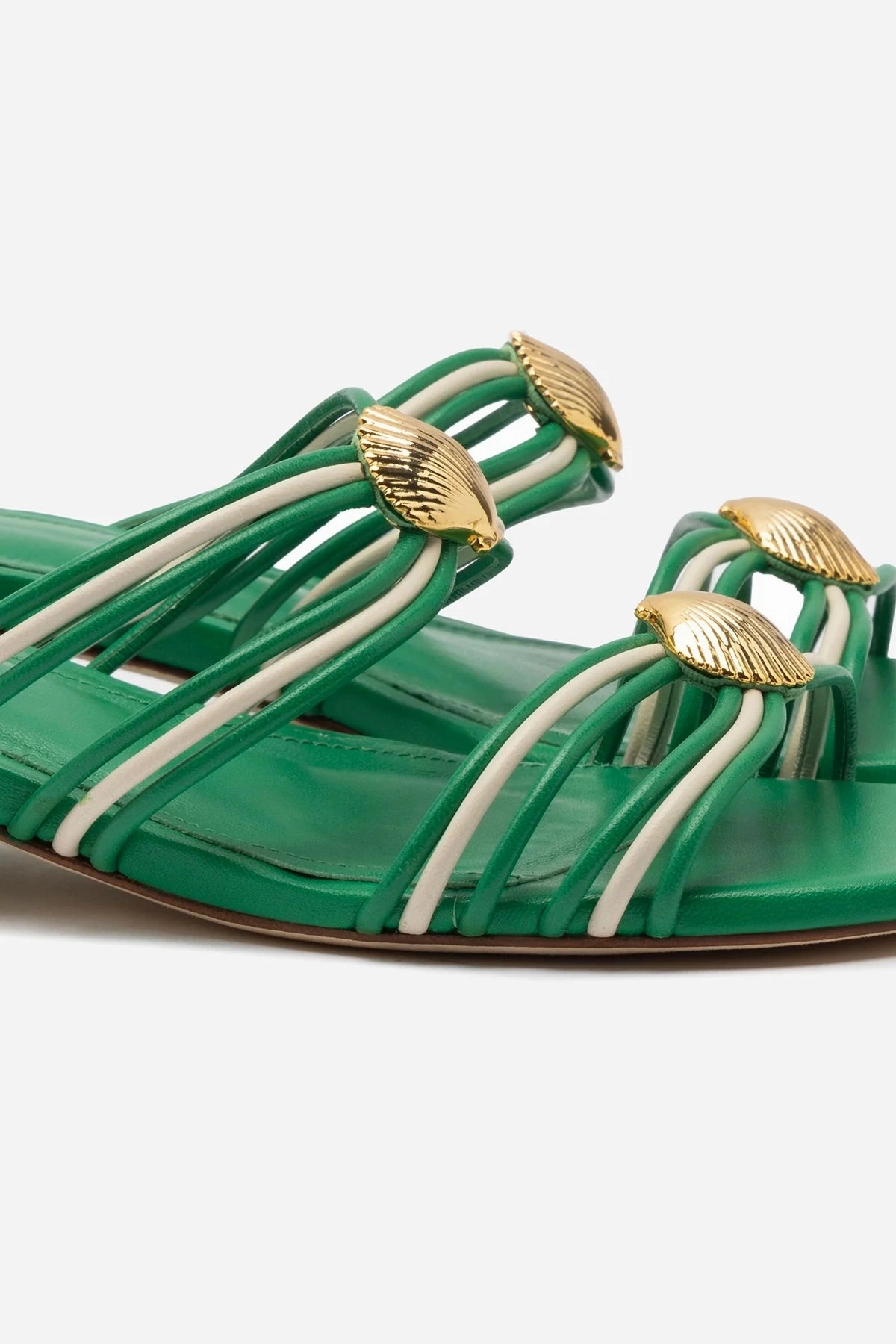 Shelly Flat Mule In Evergreen and Ivory Leather Peace Path Trail Run