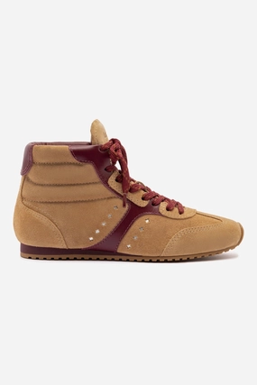 Stella Mid Sneaker In Peanut Suede and Burgundy Leather Lightweight Shoes