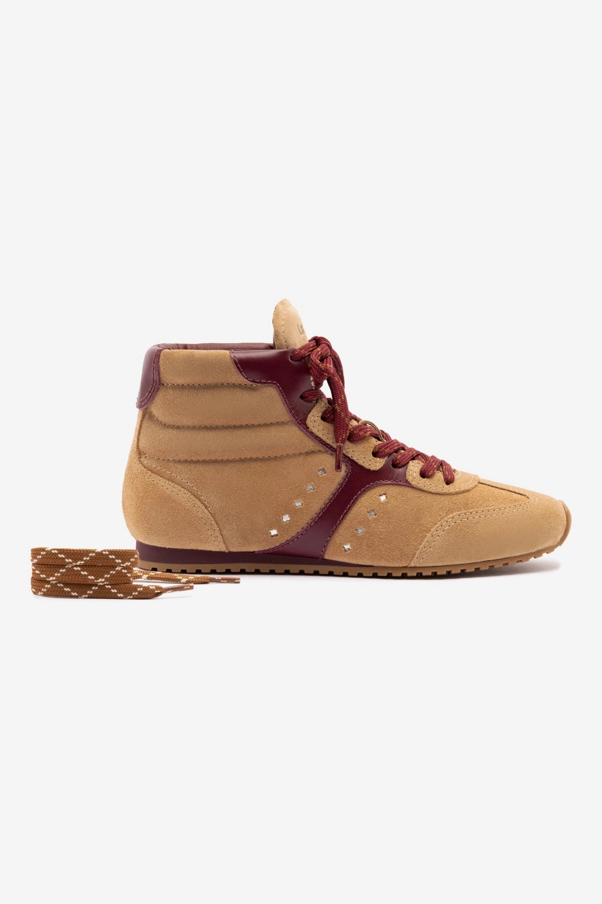 Stella Mid Sneaker In Peanut Suede and Burgundy Leather Party Walk Foot Support Shoes