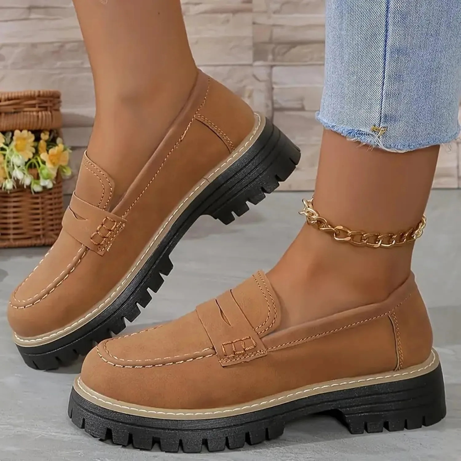 Orthoture-Orthopedic Platform Loafers Womens Round Toe Slip on Loafers Comfort Walking Shoes Lightweight Chunky Heel Loafers