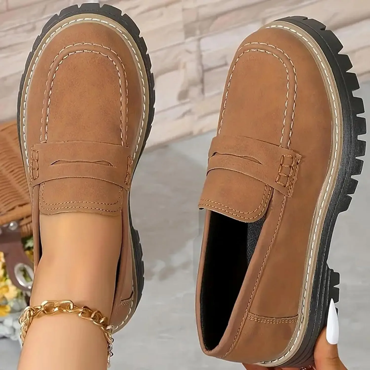 Orthoture-Orthopedic Platform Loafers Womens Round Toe Slip on Loafers Comfort Walking Shoes Lightweight Chunky Heel Loafers