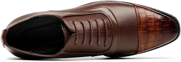 Oxford Dress Shoes for Men Lace Up Square Toe PU Leather Two Tone Patchwork Cap Toe Derby Shoes Low Top Rubber Sole Block Heel Slip Resistant