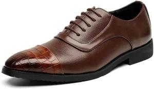 Oxford Dress Shoes for Men Lace Up Square Toe PU Leather Two Tone Patchwork Cap Toe Derby Shoes Low Top Rubber Sole Block Heel Slip Resistant