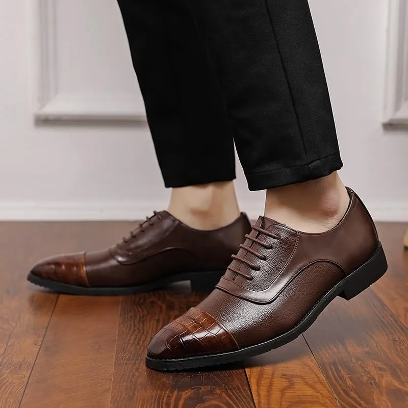 Oxford Dress Shoes for Men Lace Up Square Toe PU Leather Two Tone Patchwork Cap Toe Derby Shoes Low Top Rubber Sole Block Heel Slip Resistant