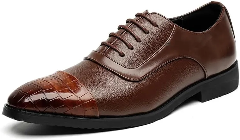Oxford Dress Shoes for Men Lace Up Square Toe PU Leather Two Tone Patchwork Cap Toe Derby Shoes Low Top Rubber Sole Block Heel Slip Resistant