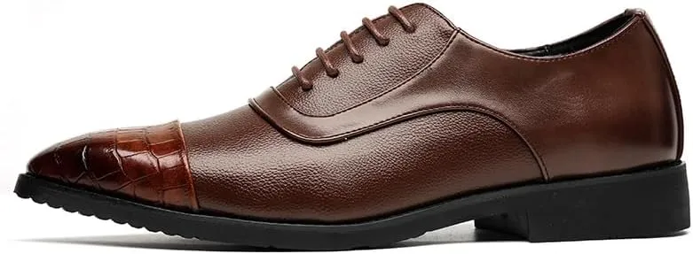 Oxford Dress Shoes for Men Lace Up Square Toe PU Leather Two Tone Patchwork Cap Toe Derby Shoes Low Top Rubber Sole Block Heel Slip Resistant