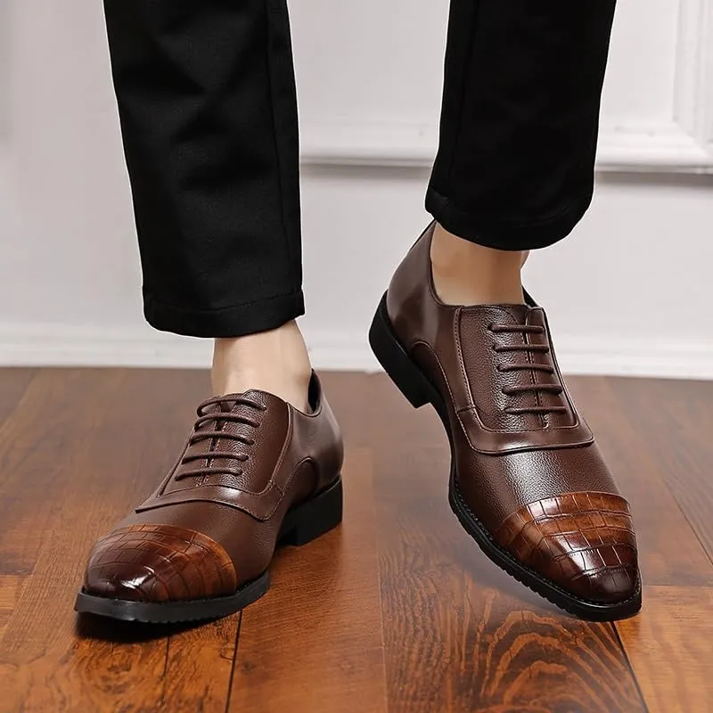 Oxford Dress Shoes for Men Lace Up Square Toe PU Leather Two Tone Patchwork Cap Toe Derby Shoes Low Top Rubber Sole Block Heel Slip Resistant