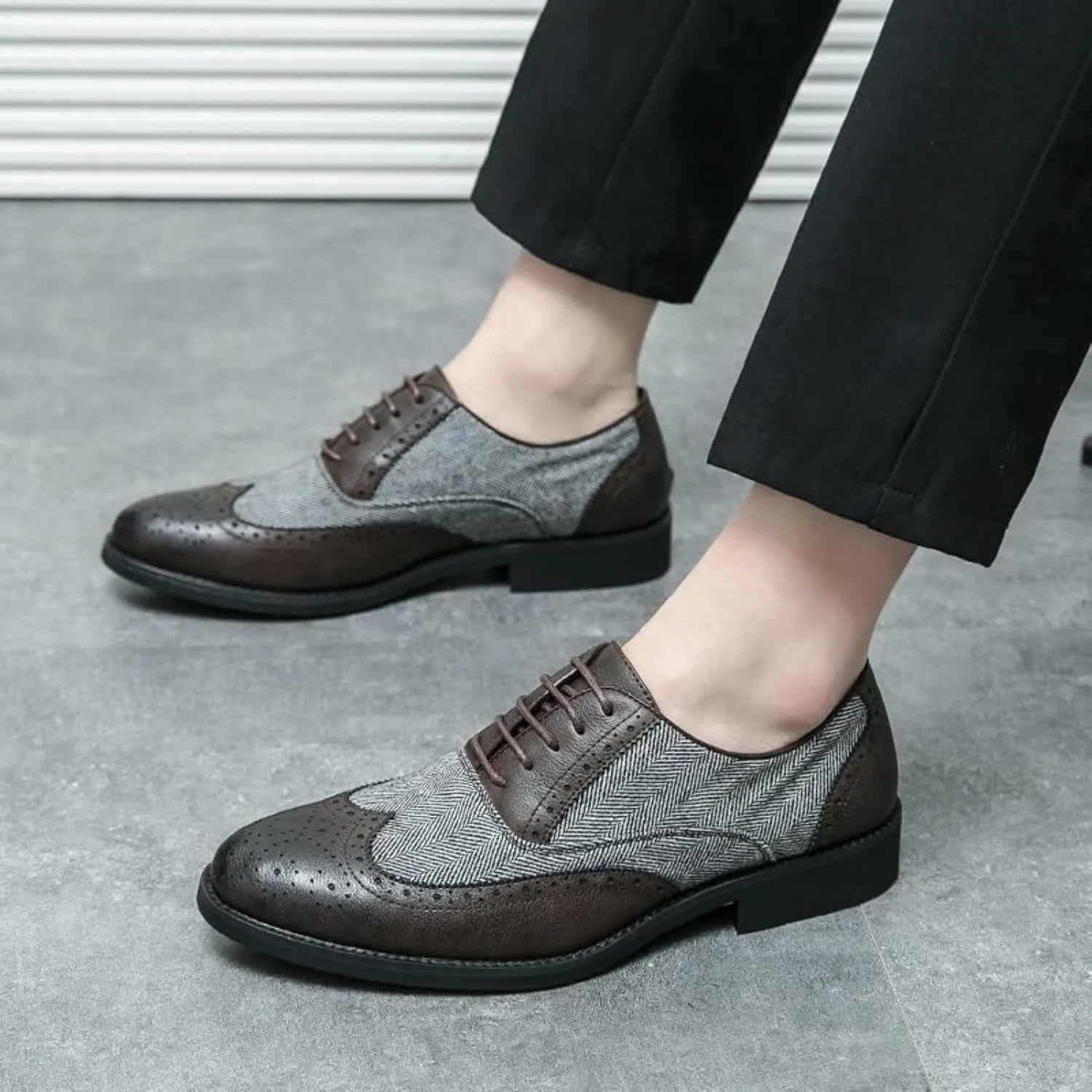 Oxford Dress Shoes for Men Slip On Strap Two Tone Patchwork PU Leather Non Slip Anti-Slip Block Heel Rubber Sole Slip Resistant Classic