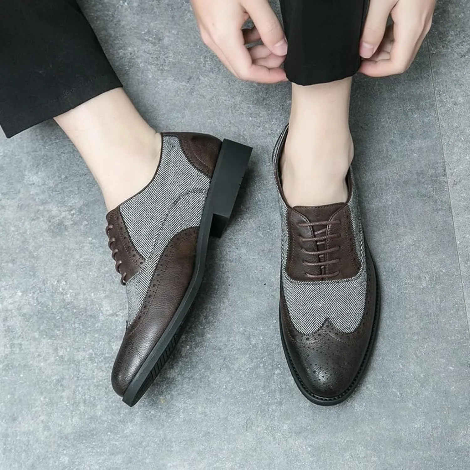 Oxford Dress Shoes for Men Slip On Strap Two Tone Patchwork PU Leather Non Slip Anti-Slip Block Heel Rubber Sole Slip Resistant Classic