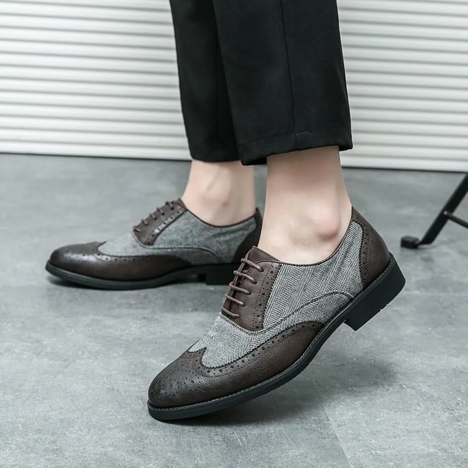 Oxford Dress Shoes for Men Slip On Strap Two Tone Patchwork PU Leather Non Slip Anti-Slip Block Heel Rubber Sole Slip Resistant Classic