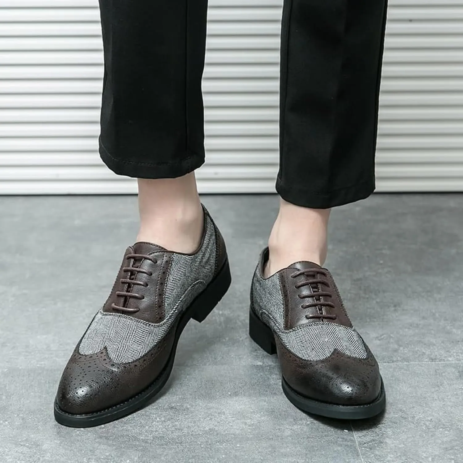 Oxford Dress Shoes for Men Slip On Strap Two Tone Patchwork PU Leather Non Slip Anti-Slip Block Heel Rubber Sole Slip Resistant Classic