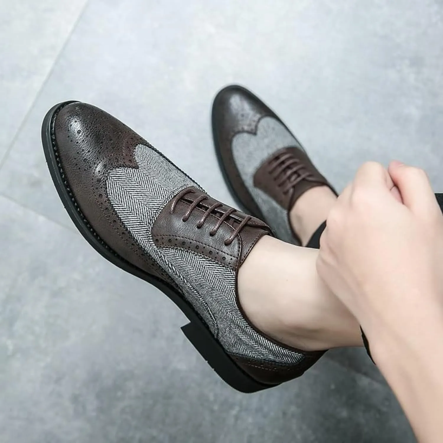 Oxford Dress Shoes for Men Slip On Strap Two Tone Patchwork PU Leather Non Slip Anti-Slip Block Heel Rubber Sole Slip Resistant Classic