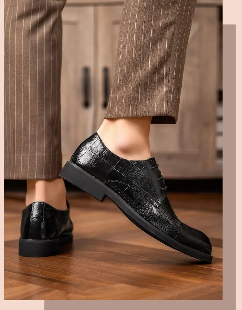 Oxford Formal Shoes for Men Lace Up Pointed Burnished Toe Breathable Hollow Out Faux Leather Derby Shoes Slip Resistant Anti-Slip Low Top Wedding