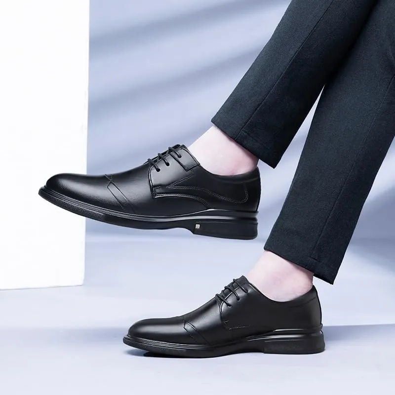 Oxford Shoes for Men Lace Up Solid Color Leather Cap Toe Derby Shoes Anti-Slip Low Top Block Heel Prom