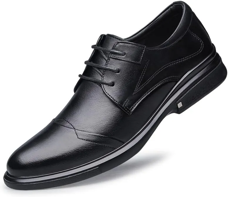 Oxford Shoes for Men Lace Up Solid Color Leather Cap Toe Derby Shoes Anti-Slip Low Top Block Heel Prom