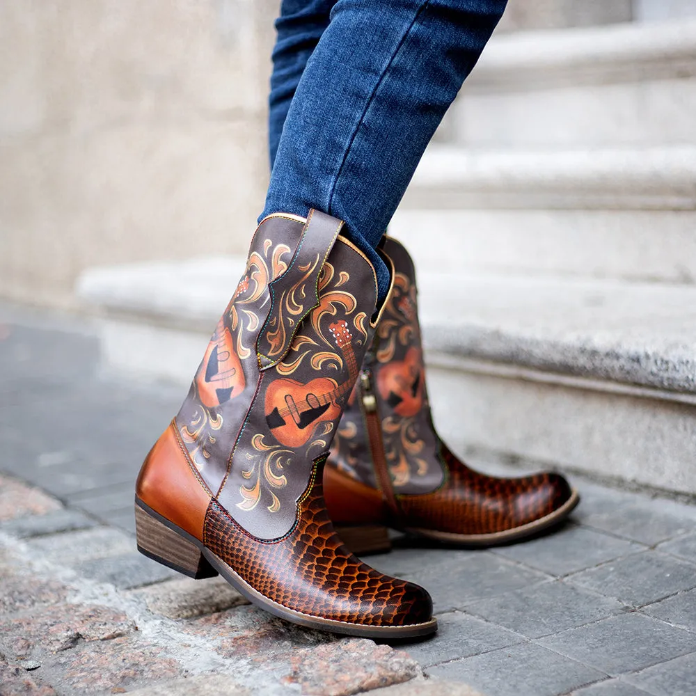 Pointy Leather Mid-Calf Country Western Boots