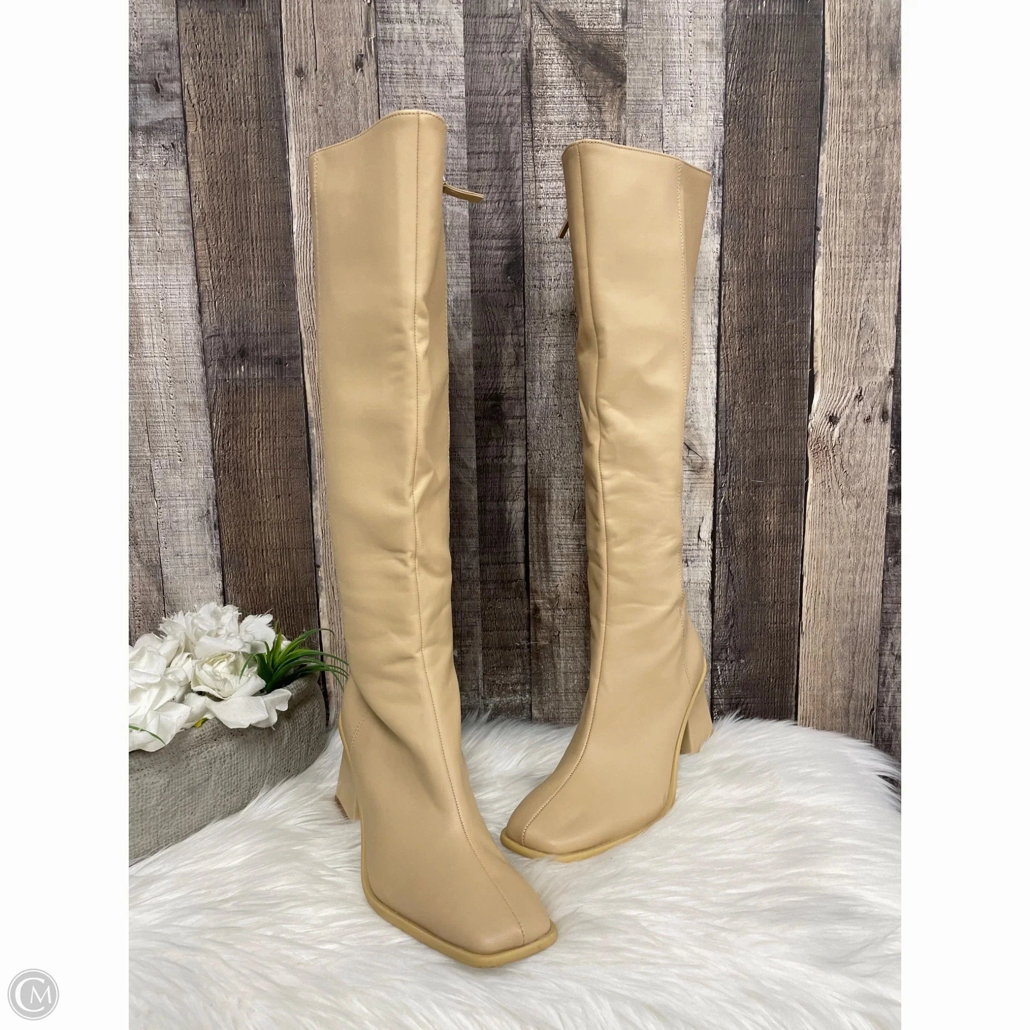 Muddy Path Boots Knee Heels By Cme In Tan, Size: 8