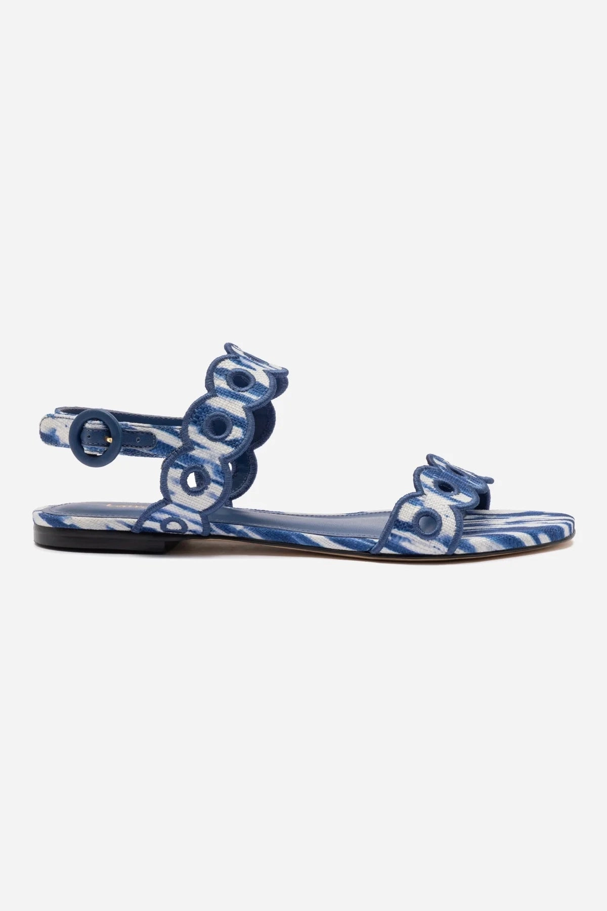 Retro Vibe Florence Broderie Flat Sandal In Tie Dye Blue Raffia