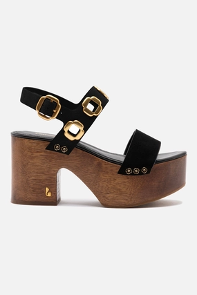 Quick Release Fastenings Miso Wooden Platform Sandal In Black Suede All Daywear