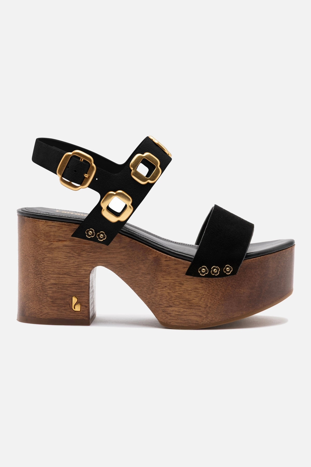 Quick Release Fastenings Miso Wooden Platform Sandal In Black Suede All Daywear