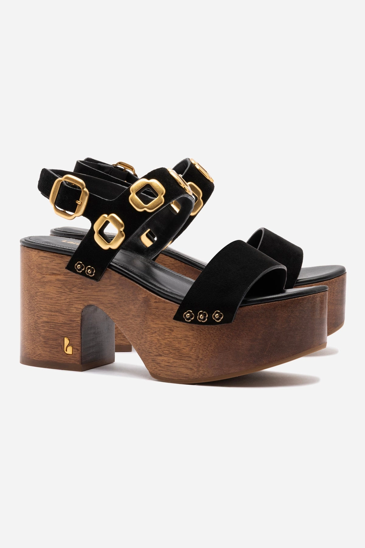 Quick Release Fastenings Miso Wooden Platform Sandal In Black Suede Pastel Soft Breath Mesh