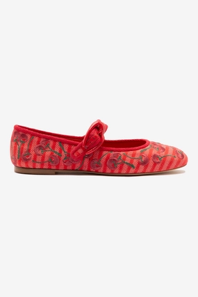 Work Ready Verona Ballet Flat In Raspberry Striped Fabric and Cherry Embroidery