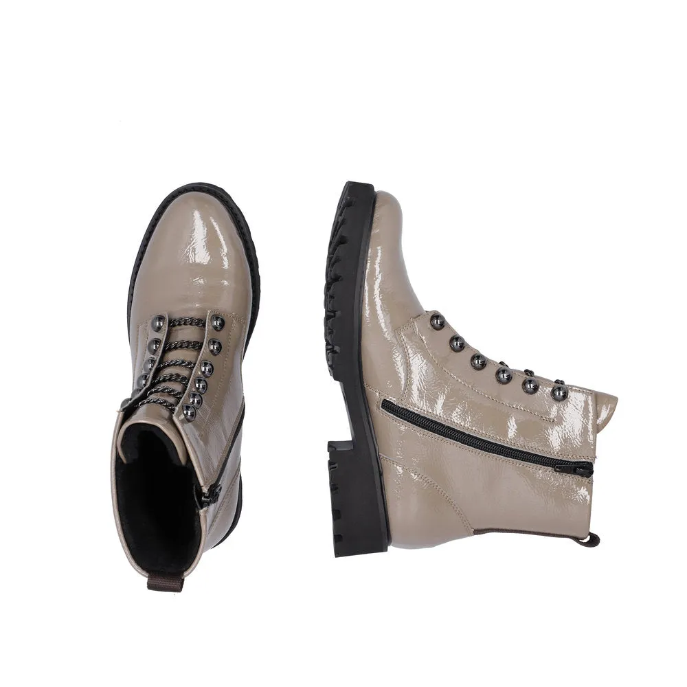 Remonte D8670-20 Ladies Taupe Patent Leather Zip & Lace Ankle Boots