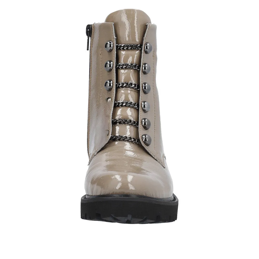 Remonte D8670-20 Ladies Taupe Patent Leather Zip & Lace Ankle Boots
