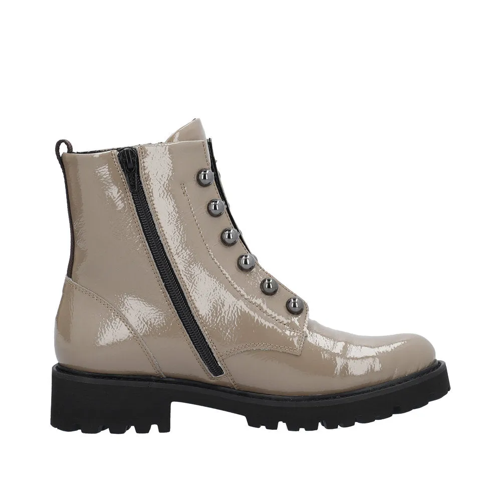 Remonte D8670-20 Ladies Taupe Patent Leather Zip & Lace Ankle Boots