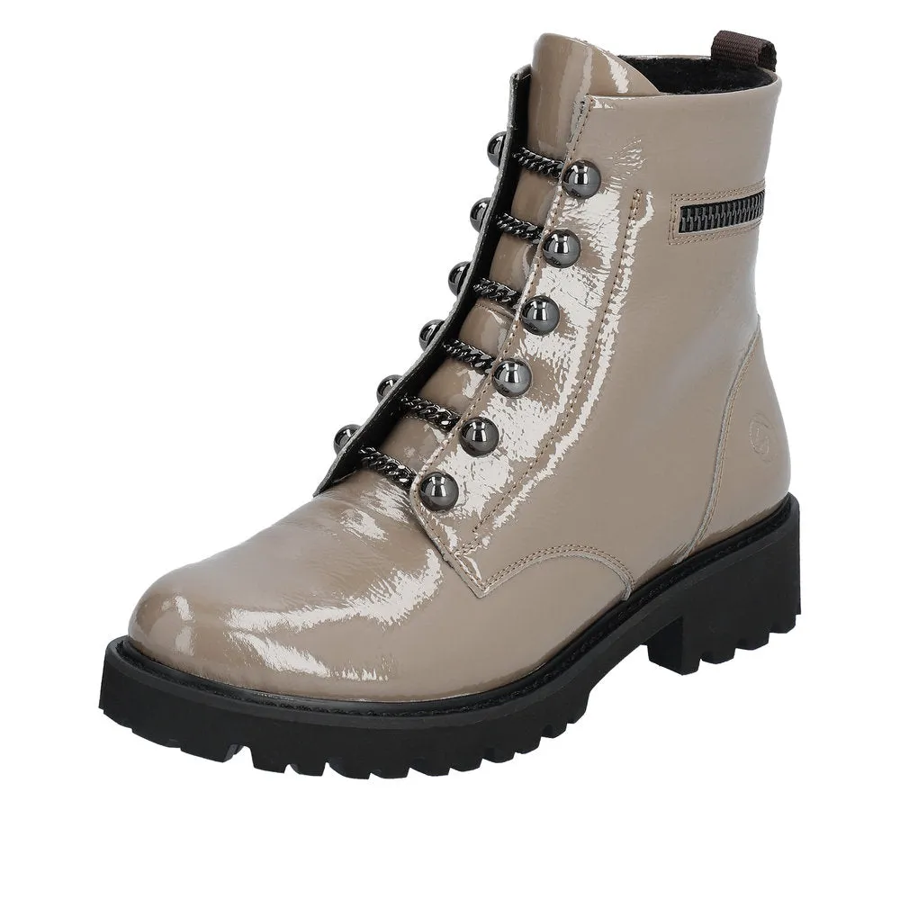 Remonte D8670-20 Ladies Taupe Patent Leather Zip & Lace Ankle Boots