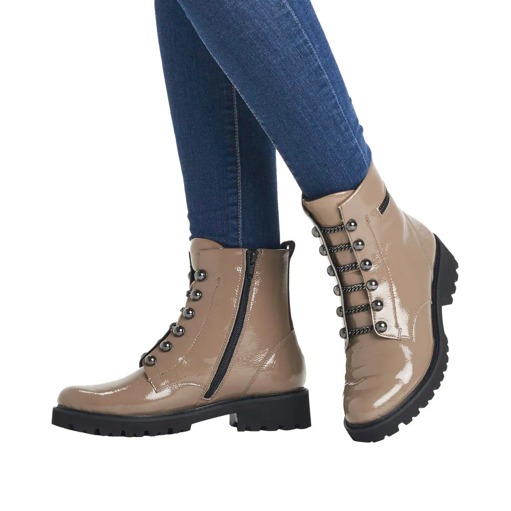 Remonte D8670-20 Ladies Taupe Patent Leather Zip & Lace Ankle Boots
