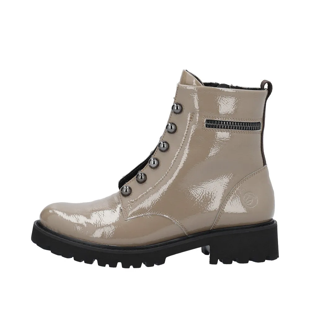 Remonte D8670-20 Ladies Taupe Patent Leather Zip & Lace Ankle Boots