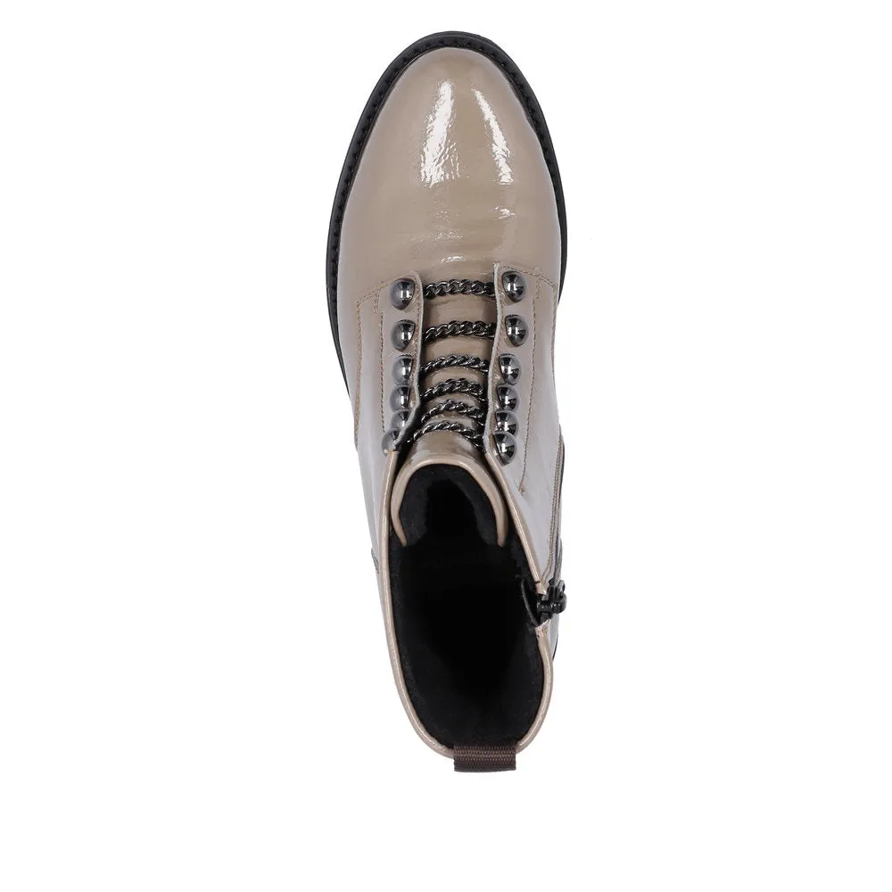 Remonte D8670-20 Ladies Taupe Patent Leather Zip & Lace Ankle Boots