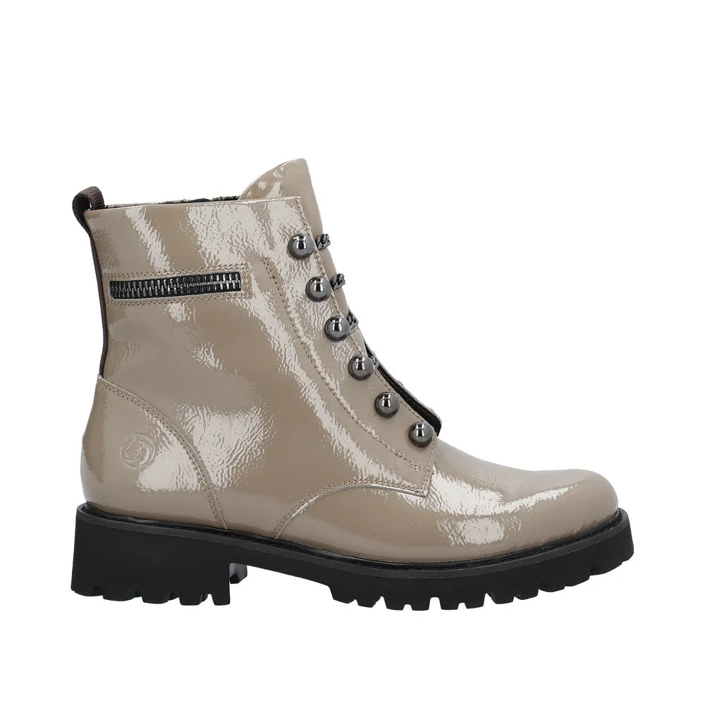 Remonte D8670-20 Ladies Taupe Patent Leather Zip & Lace Ankle Boots