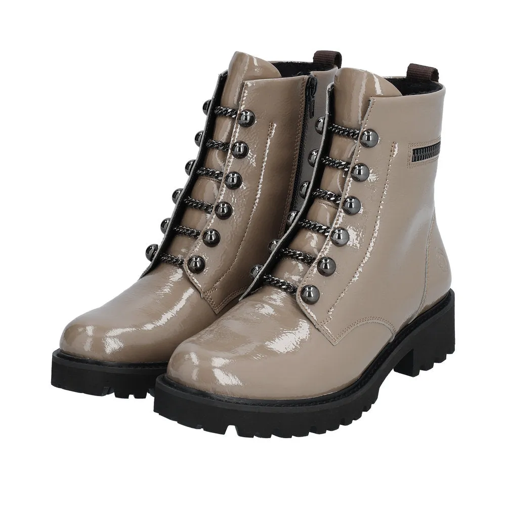 Remonte D8670-20 Ladies Taupe Patent Leather Zip & Lace Ankle Boots
