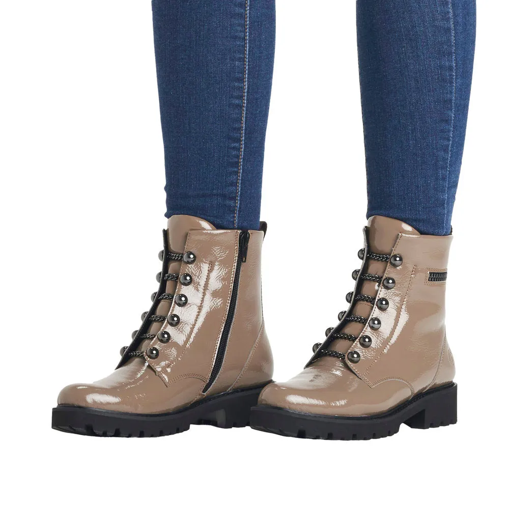 Remonte D8670-20 Ladies Taupe Patent Leather Zip & Lace Ankle Boots