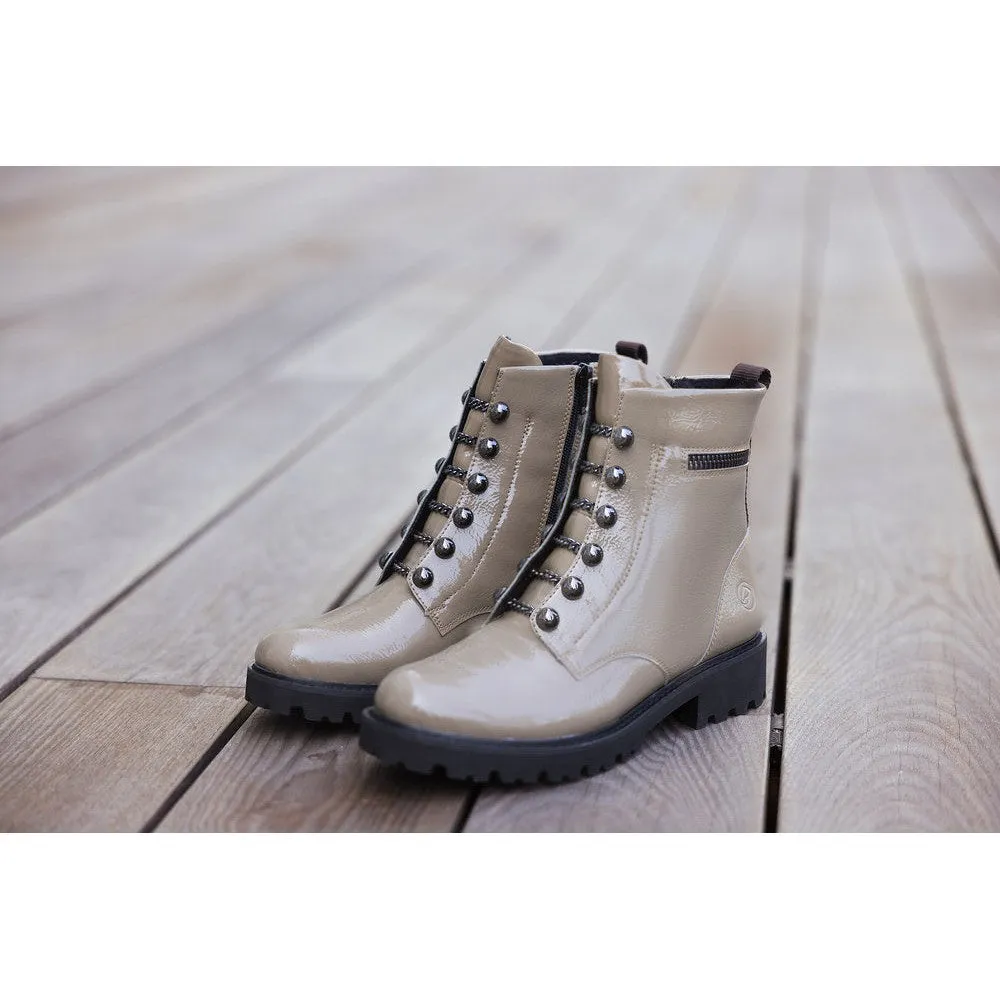 Remonte D8670-20 Ladies Taupe Patent Leather Zip & Lace Ankle Boots