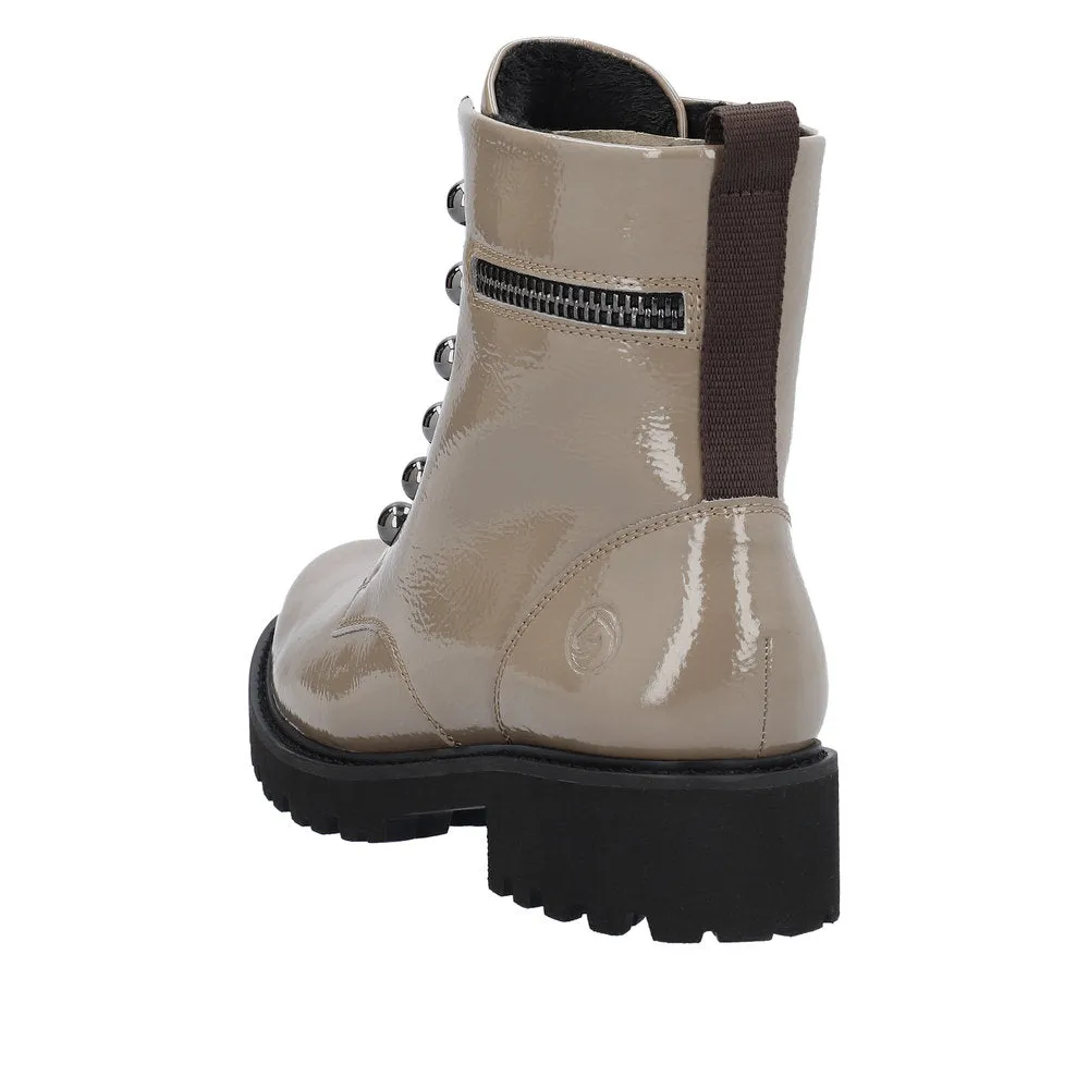 Remonte D8670-20 Ladies Taupe Patent Leather Zip & Lace Ankle Boots