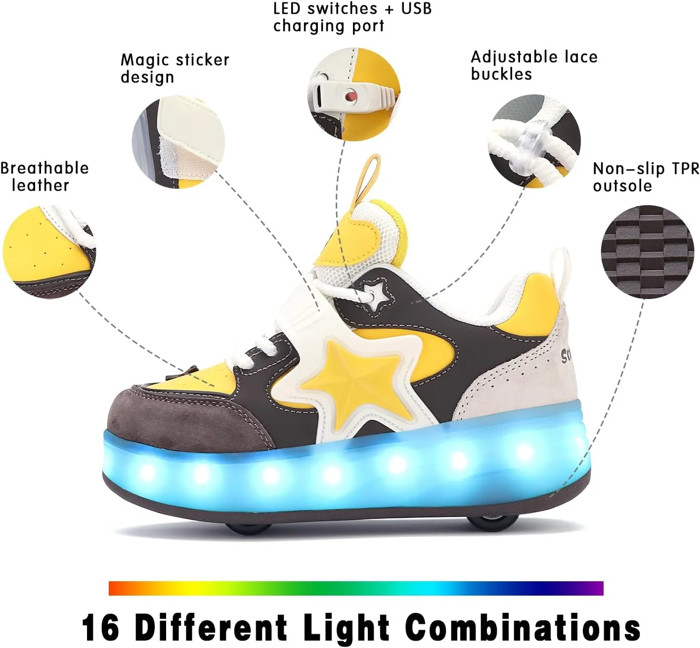 Roller Shoes with 16 LED Combinations for Girls Boys Roller Sneakers with 4-Wheels USB Rechargeable for Christmas Birthday Children Party Show Gift