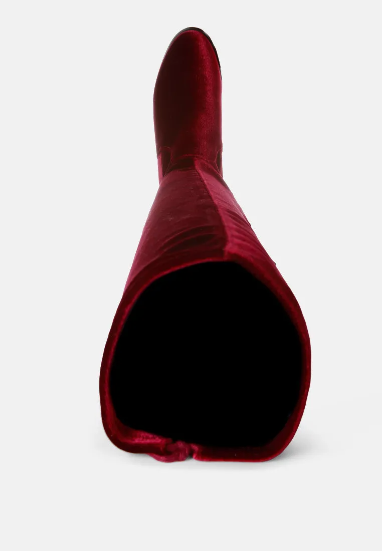 rumple velvet over the knee clear heel boots