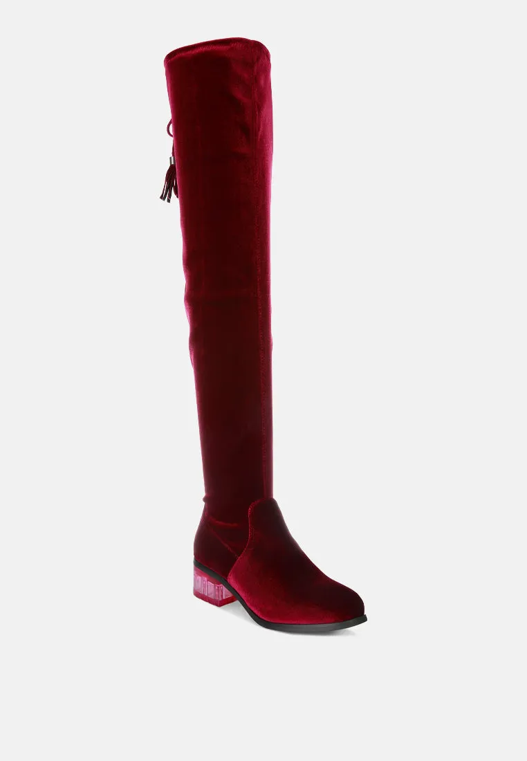 rumple velvet over the knee clear heel boots