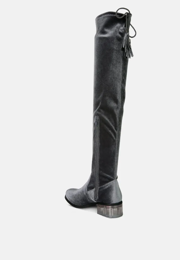 rumple velvet over the knee clear heel boots