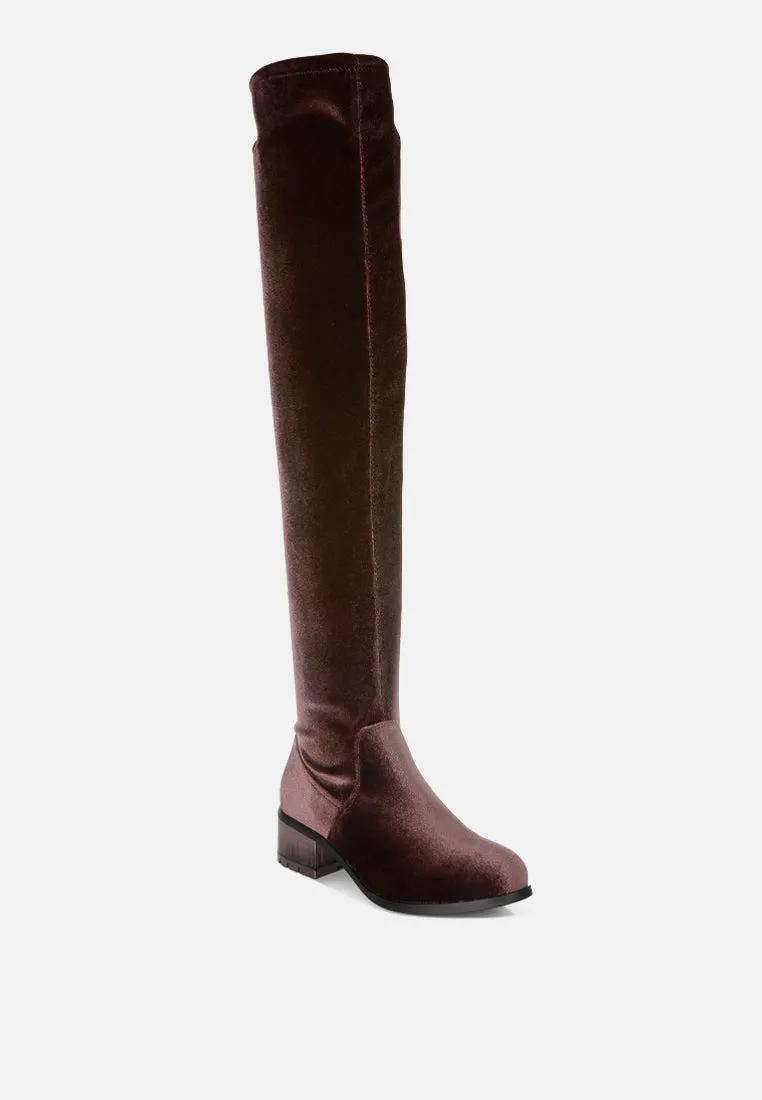 rumple velvet over the knee clear heel boots