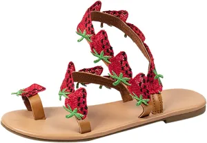 Sandals Women Summer Strawberry Decoration Flock Slip On Casual Open Toe Flat Soft Zip Flip Flop Sandals for Women