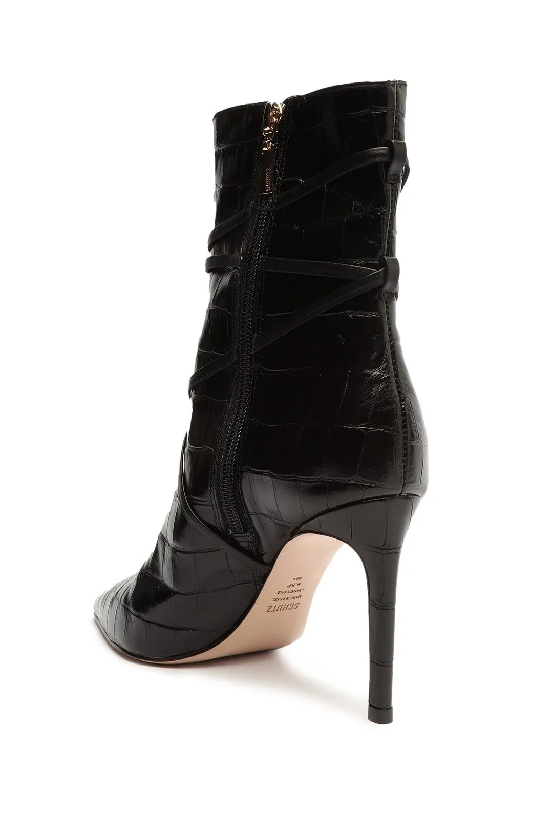 Schutz Vini Black Slip On Pointed Toe Crocodile Embossed Stiletto Ankle Booties