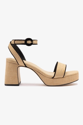 Shock Absorbing Midsole Dolly Low Sandal In Beige Raffia and Black Trimming Slip Away