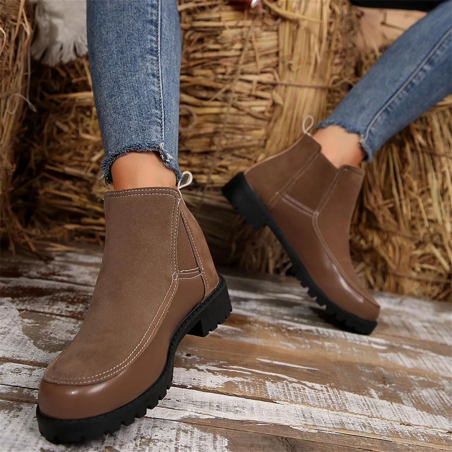 Short Chunky Heels Women Boots Combat Boots Womens with HeelCombat Round Toe Chunky Heel Fashion Elastic Sleeve