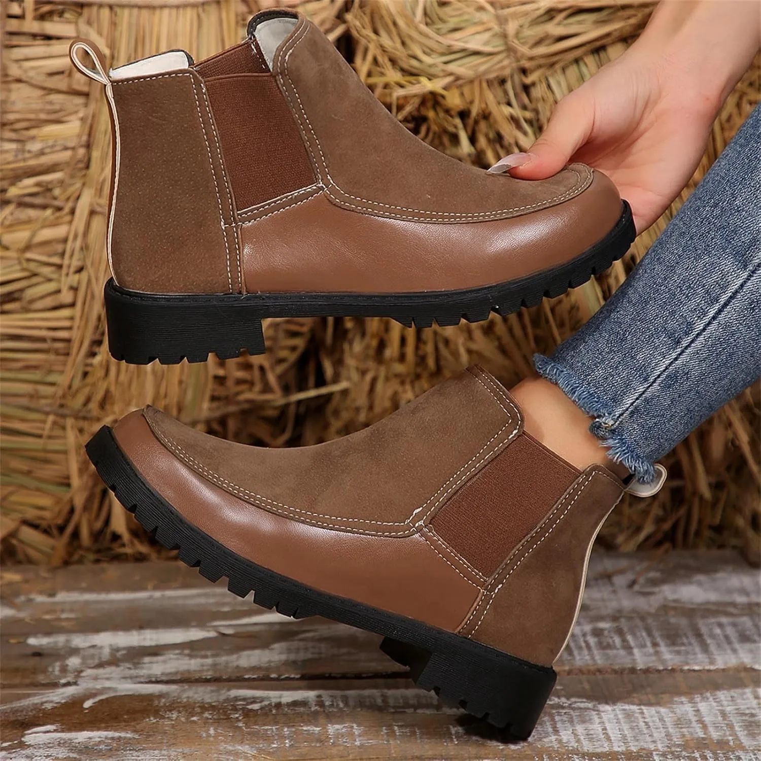 Short Chunky Heels Women Boots Combat Boots Womens with HeelCombat Round Toe Chunky Heel Fashion Elastic Sleeve