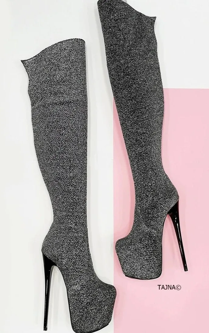 Silver Strech Shiny High Heel Long Boots