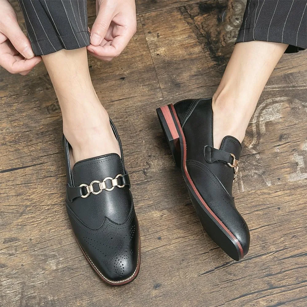 Slip On Pointed Toe Leather Loafer Oxford Formal Shoes for Men Low Top Block Heel Anti-Slip Outdoor